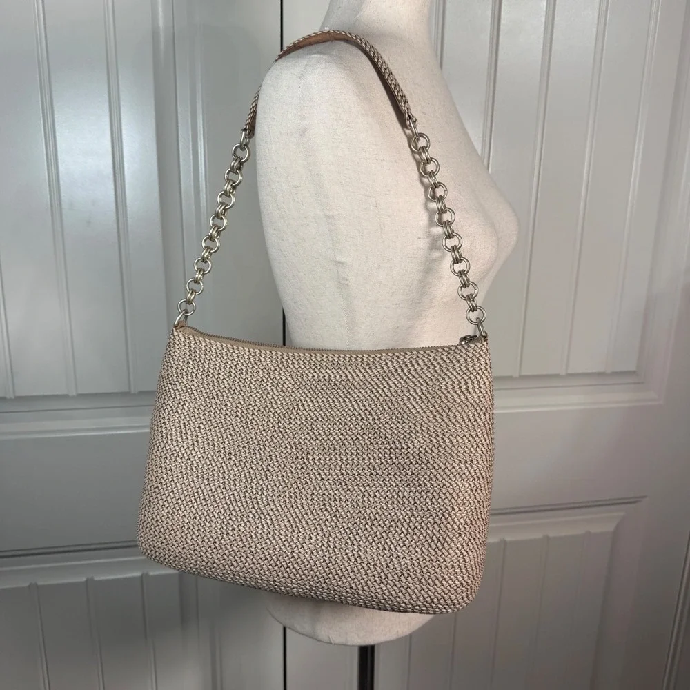 Eric Javits Powchky Shoulder Bag Womens Beige Woven Coastal Resort Chain Strap